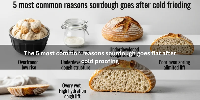 Freshly baked flat sourdough loaf beside cold-proof troubleshooting clues like weak starter, wet dough, and overproofed banneton dough, illustrating the most common reasons sourdough goes flat after cold proofing under soft natural lighting.-why is my sourdough flat after cold proofing 