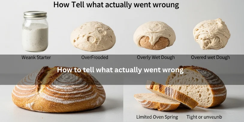 Freshly baked flat sourdough loaf beside visual troubleshooting clues like weak starter, wet dough, and uneven crumb, illustrating how to tell what went wrong after cold proofing under soft natural lighting.-why is my sourdough flat after cold proofing 