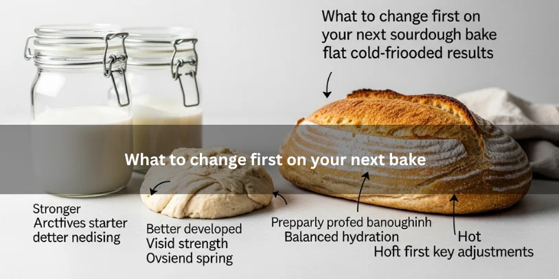 Freshly baked sourdough loaf with better height and oven spring beside starter, dough, and proofing clues, illustrating what to change first on the next bake under soft natural lighting.-why is my sourdough flat after cold proofing 