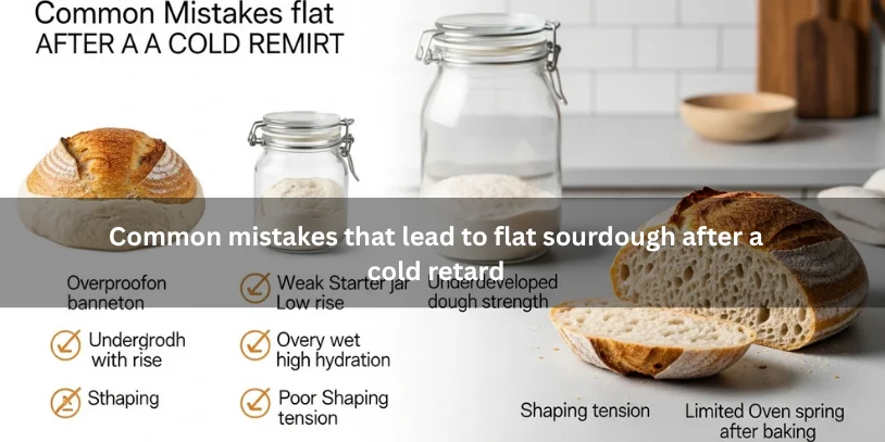 Freshly baked flat sourdough loaf beside common mistake clues like weak starter, overproofed dough, poor shaping, and wet dough, illustrating why sourdough goes flat after a cold retard under soft natural lighting.-why is my sourdough flat after cold proofing 