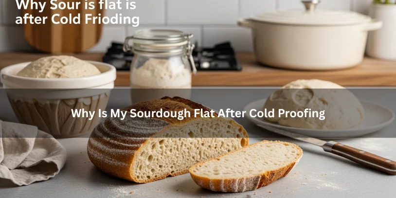 Freshly baked sourdough loaf with a flat low profile beside cold-proofing clues like a banneton and starter jar, illustrating why sourdough turns out flat after cold proofing under soft natural lighting.-why is my sourdough flat after cold proofing