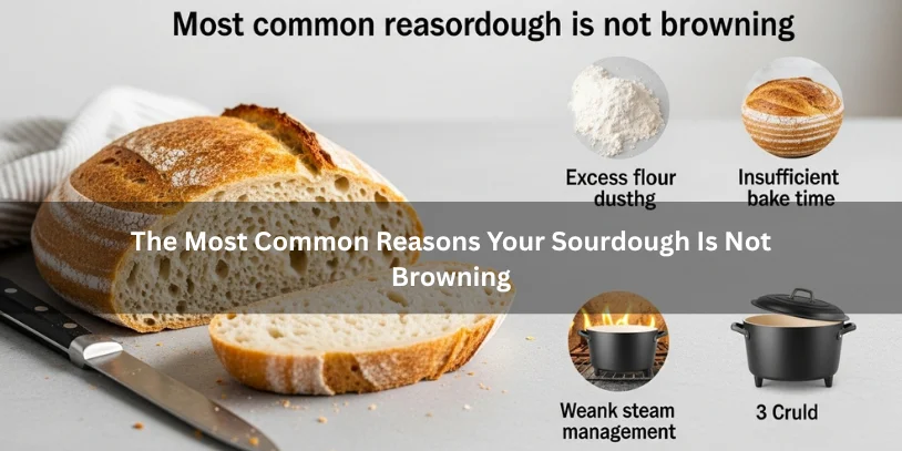 Freshly baked sourdough loaf with a pale crust beside common baking clues like low oven heat and excess flour, illustrating the most common reasons sourdough is not browning under soft natural lighting.-why is my sourdough not browning 
