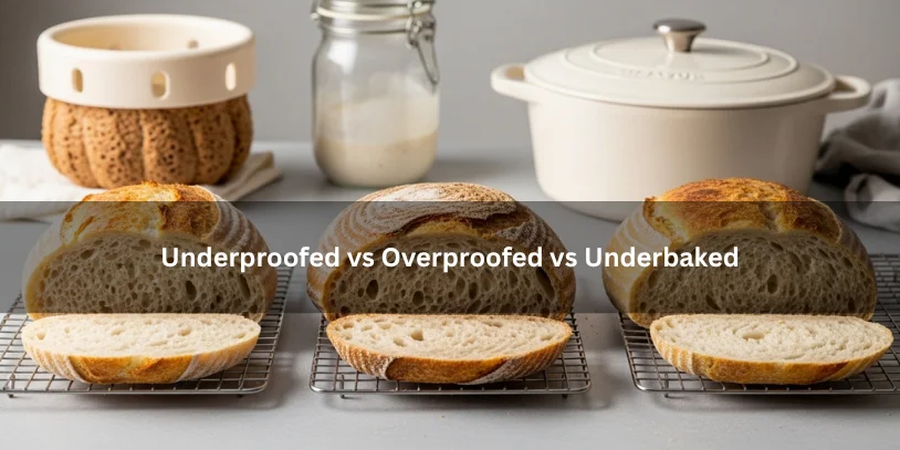 Three sliced sourdough loaves comparing underproofed, overproofed, and underbaked results, illustrating differences in rise, crust color, and crumb texture under soft natural lighting.-why is my sourdough not browning 