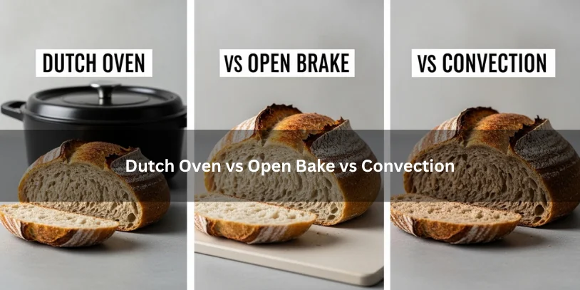 Three sourdough baking setups comparing Dutch oven, open bake, and convection methods, illustrating differences in crust color, oven spring, and crumb texture under soft natural lighting.-why is my sourdough not browning 