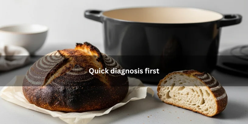 Why Is the Bottom of My Sourdough Burning? Causes, Fixes, and the Best Ways to Prevent It Freshly baked sourdough loaf with a scorched dark bottom crust beside visual troubleshooting clues, illustrating a quick diagnosis for burnt sourdough bottoms under soft natural lighting..-why is the bottom of my sourdough burning