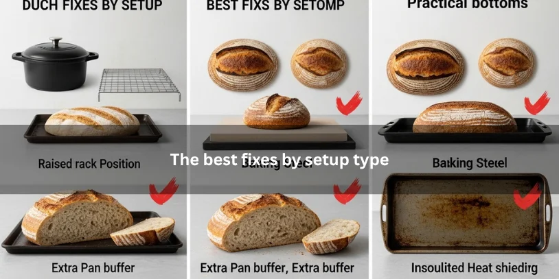 Why Is the Bottom of My Sourdough Burning? Causes, Fixes, and the Best Ways to Prevent It Several sourdough baking setups comparing practical fixes for burnt bottoms, illustrating the best solutions by setup type under soft natural lighting.-why is the bottom of my sourdough burning