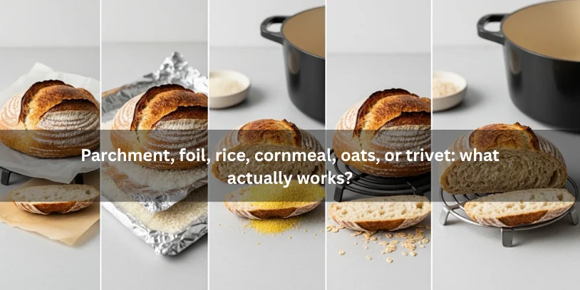 Why Is the Bottom of My Sourdough Burning? Causes, Fixes, and the Best Ways to Prevent It Multiple sourdough baking setups comparing parchment, foil, rice, cornmeal, oats, and a trivet for protecting the bottom crust under soft natural lighting.-why is the bottom of my sourdough burning