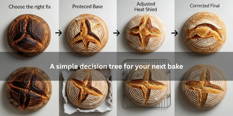 Why Is the Bottom of My Sourdough Burning? Causes, Fixes, and the Best Ways to Prevent It Several sourdough loaves and baking setups arranged as a visual troubleshooting sequence, illustrating a simple decision guide for the next bake under soft natural lighting.-why is the bottom of my sourdough burning