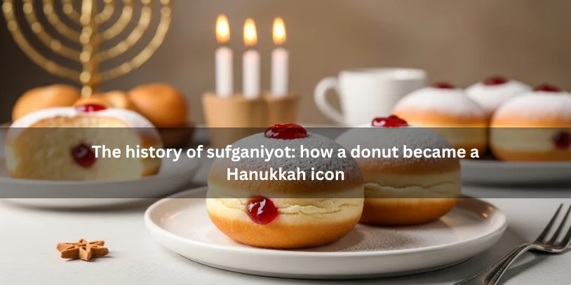 Why Jelly Donuts for Hanukkah? The Meaning, History, and Symbolism of Sufganiyot Traditional sufganiyot with Hanukkah elements in a warm bakery-style setting, illustrating how jelly donuts became an iconic Hanukkah tradition.-why jelly donuts for hanukkah