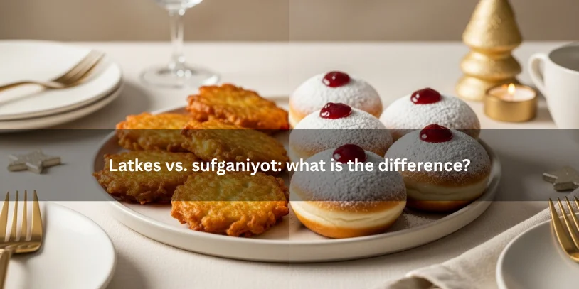 Why Jelly Donuts for Hanukkah? The Meaning, History, and Symbolism of Sufganiyot Latkes and sufganiyot arranged side by side on a Hanukkah table, showing the difference between savory potato pancakes and sweet jelly-filled donuts.-why jelly donuts for hanukkah