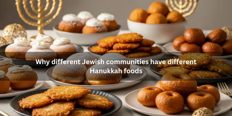 Why Jelly Donuts for Hanukkah? The Meaning, History, and Symbolism of Sufganiyot A variety of Hanukkah foods including sufganiyot, latkes, sfenj, and bimuelos arranged together, showing how different Jewish communities celebrate with different traditional dishes.-why jelly donuts for hanukkah