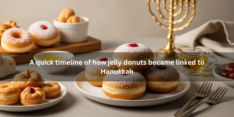 Why Jelly Donuts for Hanukkah? The Meaning, History, and Symbolism of Sufganiyot Traditional sufganiyot with Hanukkah symbols and subtle historical styling, illustrating the timeline of how jelly donuts became linked to Hanukkah.-why jelly donuts for hanukkah