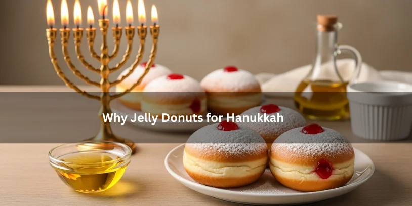 Why Jelly Donuts for Hanukkah? The Meaning, History, and Symbolism of Sufganiyot Traditional jelly donuts for Hanukkah beside a lit menorah and oil dish, illustrating the holiday’s connection to fried foods and the oil miracle.-why jelly donuts for hanukkah