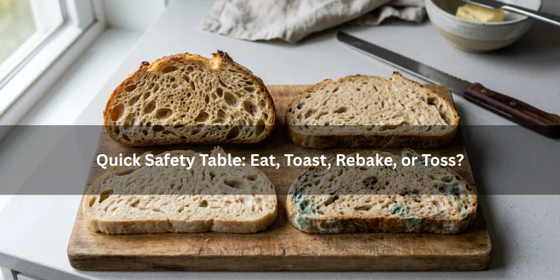 Four portions of sourdough bread arranged in a grid to illustrate when bread is fine to eat, better toasted, suitable for rebaking, or should be tossed.-can you eat gummy sourdough bread 