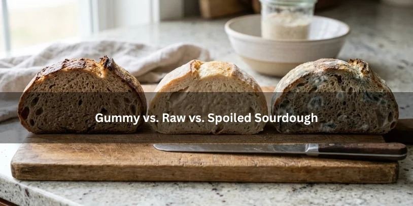 Side-by-side sourdough bread pieces showing gummy, raw, and spoiled textures on a wooden board to illustrate the visual differences between each condition.-can you eat gummy sourdough bread 