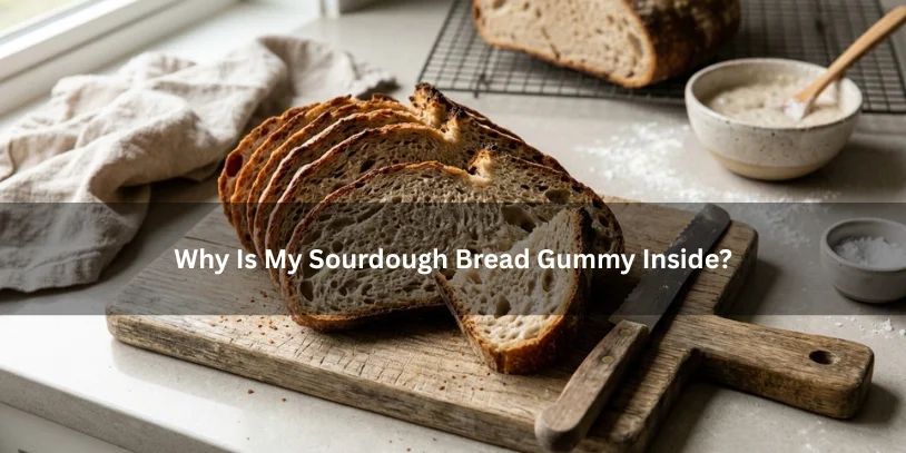 Sliced sourdough bread with a dense, gummy interior crumb on a wooden board, illustrating why sourdough bread may turn out sticky inside.-can you eat gummy sourdough bread 