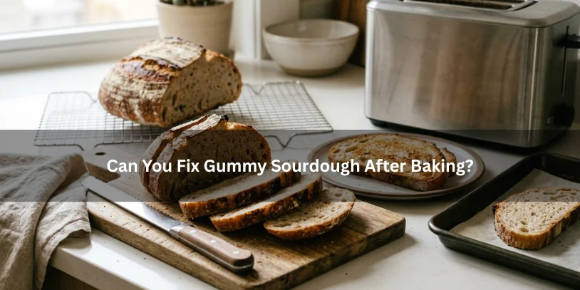 Sliced gummy sourdough bread shown with a toaster, cooling rack, and baking tray to illustrate fixing gummy bread after baking.-can you eat gummy sourdough bread 