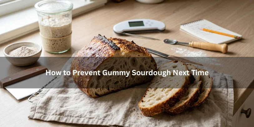Well-baked sliced sourdough bread with an airy crumb shown beside a thermometer, starter jar, and cooling rack to illustrate preventing gummy sourdough next time.-can you eat gummy sourdough bread 