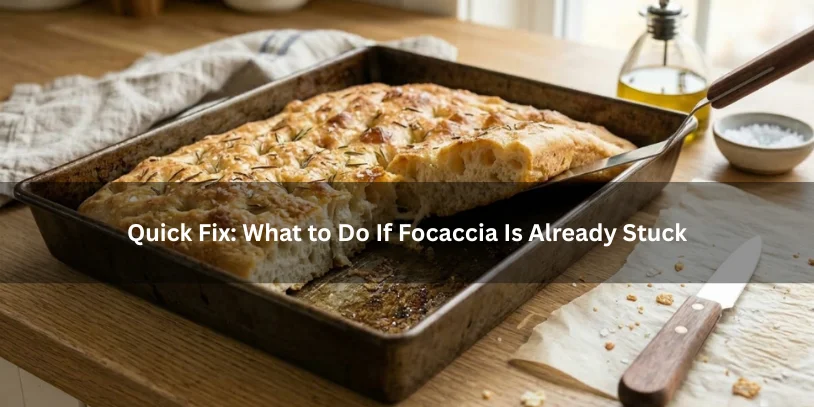 Freshly baked focaccia being gently lifted from a stuck pan with a spatula, illustrating a quick fix for bread stuck to the pan.-focaccia sticking to pan 