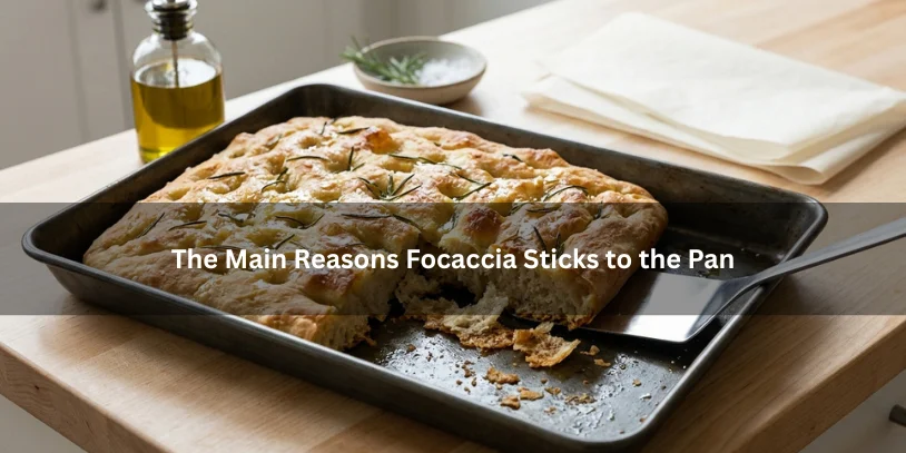 Freshly baked focaccia sticking to a metal pan beside oil, parchment paper, and a spatula, illustrating common reasons focaccia sticks during baking.-focaccia sticking to pan 