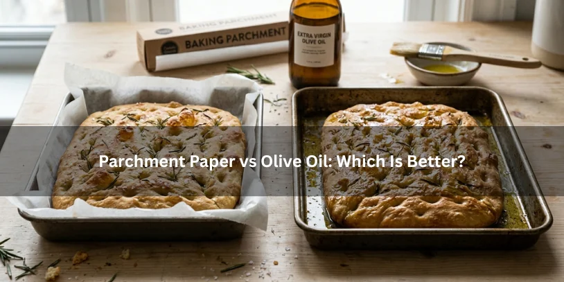 Two focaccia pans side by side, one lined with parchment paper and one coated with olive oil, illustrating different ways to prevent sticking.-focaccia sticking to pan 
