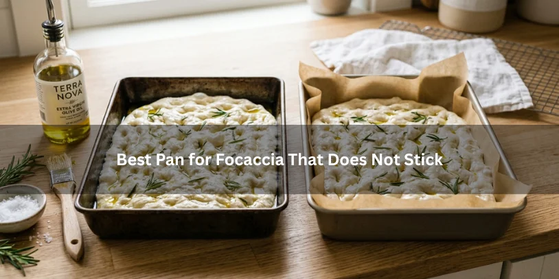 Two pans with focaccia dough, one dark metal and one non-stick, illustrating how to prevent focaccia from sticking during baking in a clean kitchen setting.-focaccia sticking to pan 