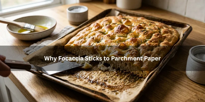 Focaccia bread partially sticking to parchment paper, illustrating why bread can cling to the paper during baking in a clean kitchen setting.-focaccia sticking to pan 