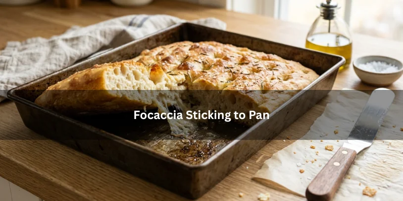 Freshly baked focaccia sticking to a metal pan as it is lifted, illustrating a common baking problem on a clean kitchen countertop.-focaccia sticking to pan