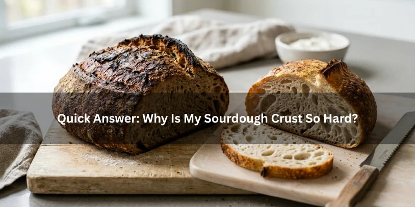  Image of a person questioning why their sourdough bread is hard, with a loaf of bread and a notebook in the background.?-my sourdough crust is too hard