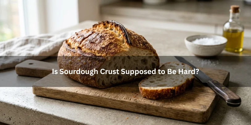 Image of a person questioning if scouroghurst crost should be hard, with a puzzled expression and a plate of crost in front.-my sourdough crust is too hard 