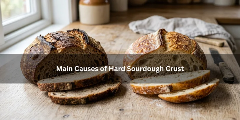 Diagram illustrating the main causes of a hard sourdough crust, including temperature, hydration, and baking time.-my sourdough crust is too hard 