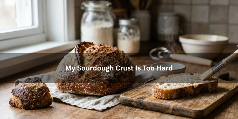 Close-up of a sourdough loaf with an overly hard crust, indicating a baking issue. .-my sourdough crust is too hard
