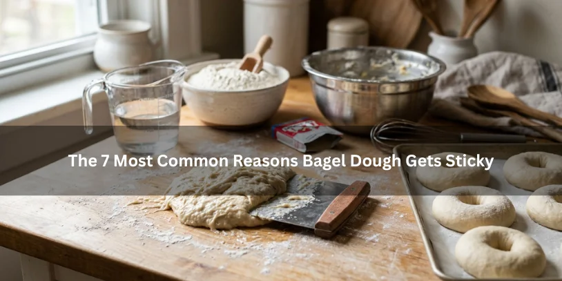 Sticky bagel dough on a floured countertop surrounded by baking ingredients and tools, illustrating common reasons bagel dough gets sticky..-why is my bagel dough so sticky