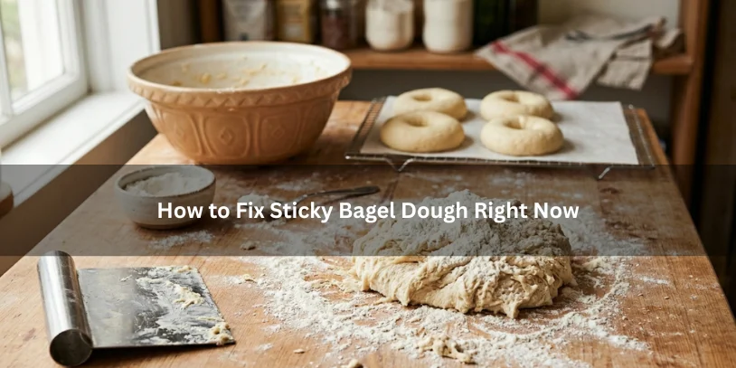 Sticky bagel dough being fixed with added flour on a countertop beside smoother shaped bagels, showing how to correct dough texture quickly.-why is my bagel dough so sticky