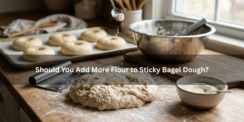 Slightly sticky bagel dough with a small amount of flour added gradually, showing whether more flour should be used to fix the texture..-why is my bagel dough so sticky