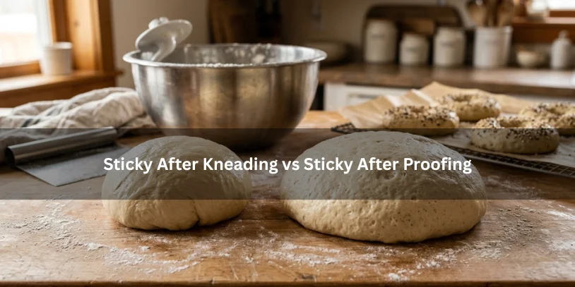 Two portions of bagel dough showing sticky texture after kneading versus softer sticky dough after proofing on a floured countertop.-why is my bagel dough so sticky
