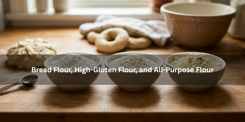 Three bowls of flour beside bagel dough and shaped bagels, comparing bread flour, high-gluten flour, and all-purpose flour for bagel making..-why is my bagel dough so sticky