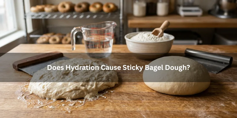 Wet sticky bagel dough beside a measuring cup of water and smoother dough, illustrating how hydration can affect bagel dough texture.-why is my bagel dough so sticky 