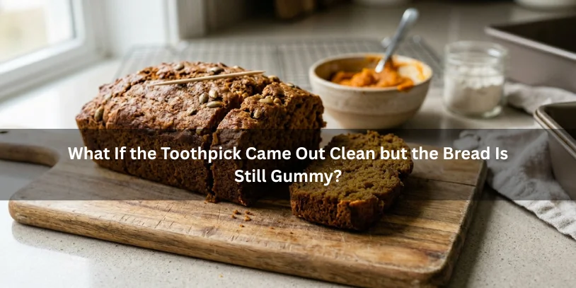 Sliced pumpkin bread with a gummy interior and a clean toothpick nearby, illustrating that bread can still be gummy even when the toothpick comes out clean under soft natural lighting.-why is my pumpkin bread gummy 