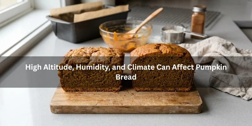 Sliced pumpkin bread with baking ingredients and tools nearby, illustrating how high altitude, humidity, and climate can affect texture and rise under soft natural lighting.-why is my pumpkin bread gummy 