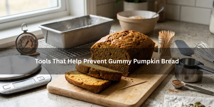 Sliced pumpkin bread surrounded by baking tools like a kitchen scale, oven thermometer, cooling rack, and toothpicks, illustrating tools that help prevent gummy pumpkin bread under soft natural lighting.-why is my pumpkin bread gummy 
