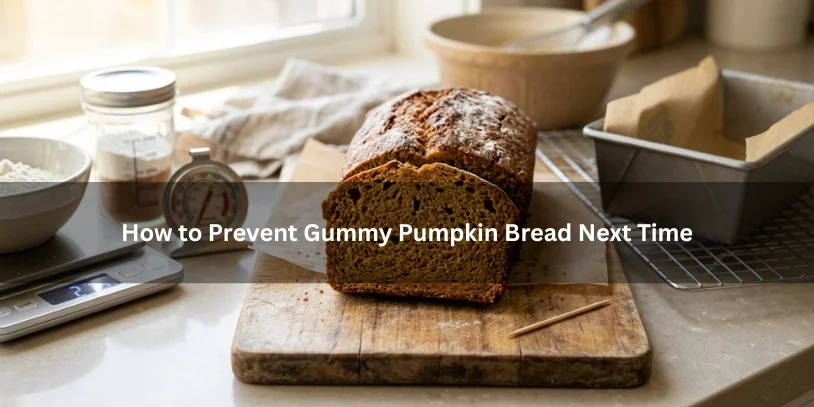 Freshly sliced pumpkin bread with a tender crumb surrounded by baking tools and ingredients, illustrating how to prevent gummy pumpkin bread next time under soft natural lighting.-why is my pumpkin bread gummy 