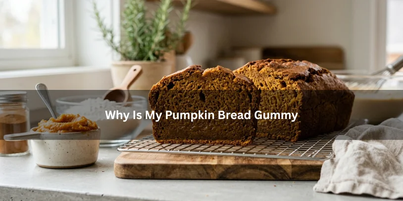 Sliced pumpkin bread with a dense gummy interior next to pumpkin puree and baking ingredients, illustrating why pumpkin bread can turn gummy under soft natural lighting.-why is my pumpkin bread gummy