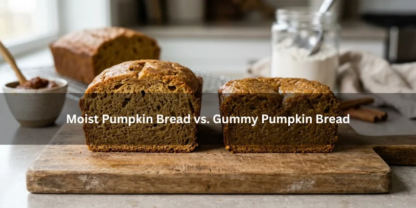 Side-by-side slices of moist pumpkin bread and gummy pumpkin bread showing the difference in crumb texture under soft natural lighting.-why is my pumpkin bread gummy