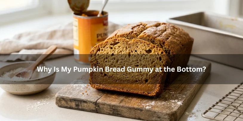 Sliced pumpkin bread with a gummy bottom layer next to baking ingredients, illustrating why pumpkin bread can turn gummy at the bottom under soft natural lighting.-why is my pumpkin bread gummy