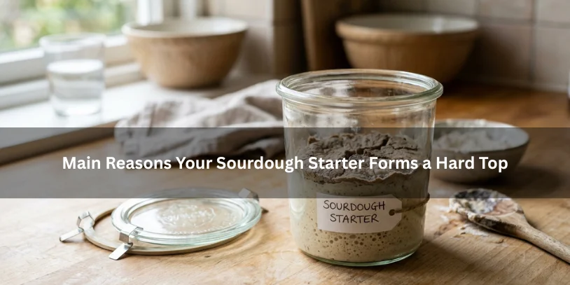 Sourdough starter with a hard dry top in a glass jar, shown with visual clues like dry air and loose covering to illustrate common causes under soft natural lighting.-why is my sourdough starter getting hard on top 