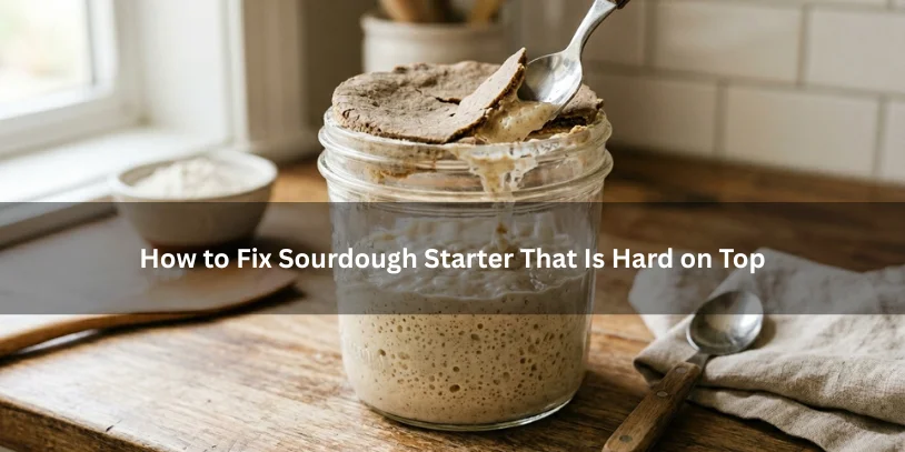 Sourdough starter with a hard dry top being fixed by removing or stirring the crust to reveal active starter underneath, shown under soft natural lighting.-why is my sourdough starter getting hard on top 