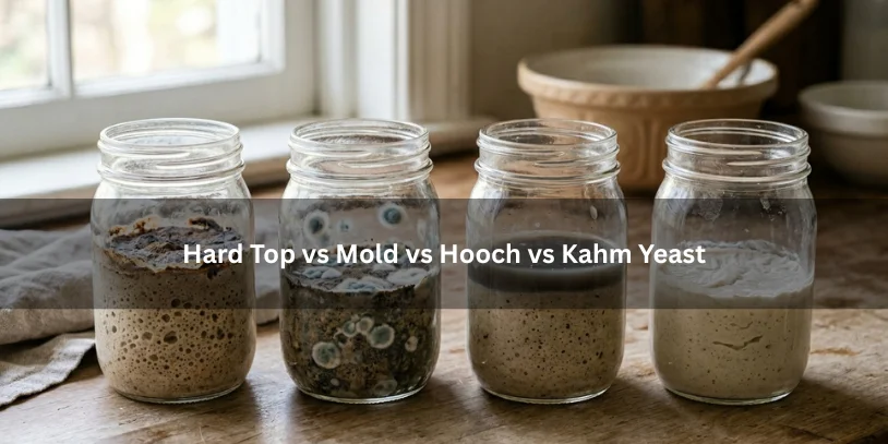 Four jars of sourdough starter showing a hard top, mold, hooch, and kahm yeast side by side under soft natural lighting for easy visual comparison.-why is my sourdough starter getting hard on top 