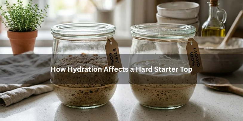 Two jars of sourdough starter with different hydration levels, showing how a thicker starter develops a hard top while a more hydrated starter stays softer under soft natural lighting.-why is my sourdough starter getting hard on top 