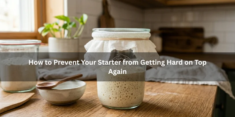 Healthy sourdough starter with a soft smooth top in a properly covered glass jar, showing how to prevent the starter from getting hard on top again under soft natural lighting.-why is my sourdough starter getting hard on top 